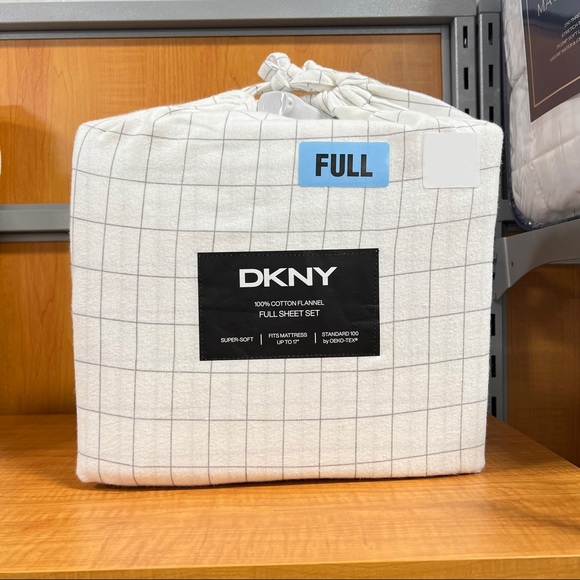 DKNY 100% Cotton Flannel Full White Sheets Sheet Set Gray Squares Plaid - Picture 3 of 5